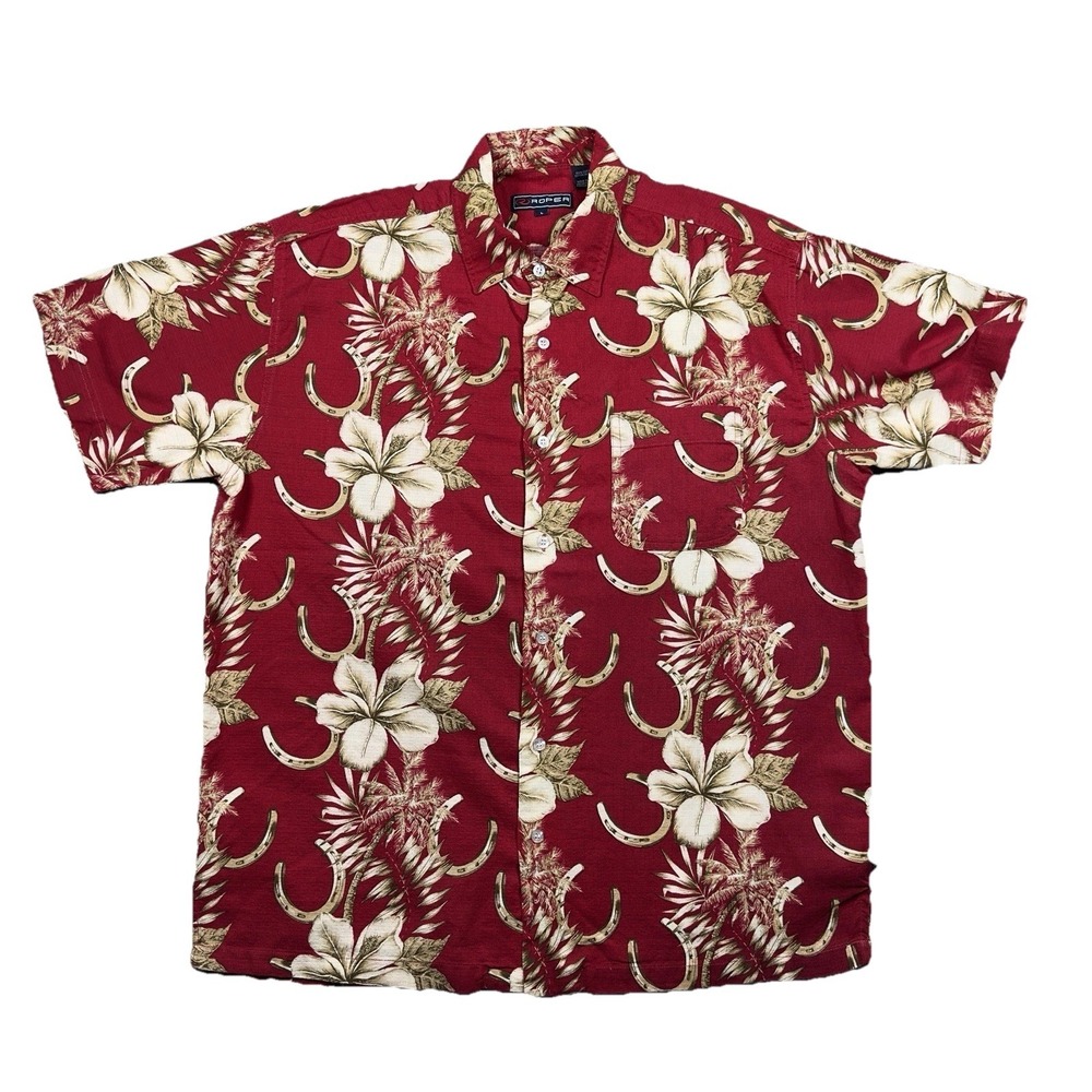 Roper Button Up Shirt Mens Large Red Floral Horseshoe Western Tropical Cowboy L